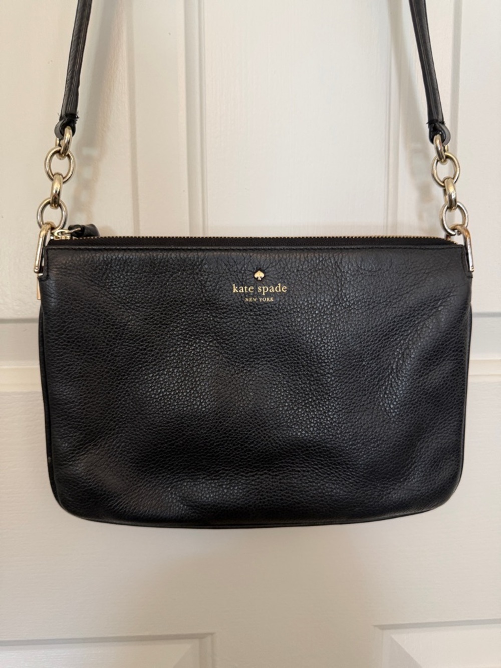 kate spade black pebbled leather crossbody with gold accents